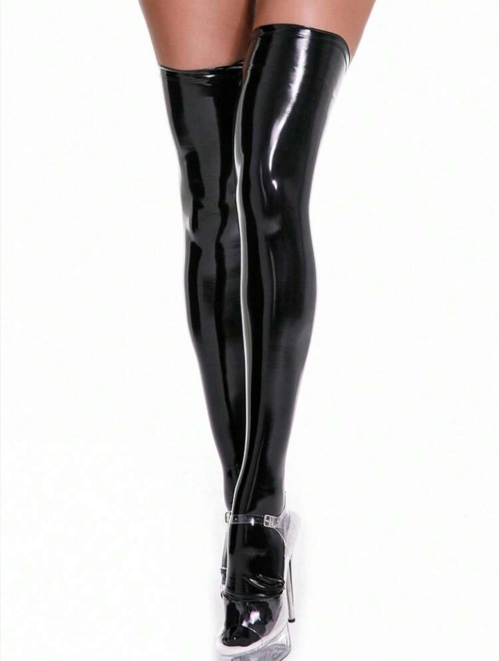Women’s Black Glossy Thigh-High Patent Look Boots with Transparent High Heel